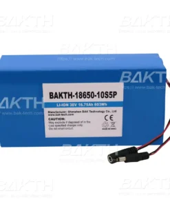 BAKTH-18650-10S5P Paquete de baterías de iones de litio de 36 V 16,75 Ah 603 Wh de BAK Technologies, tiene un enchufe de CC y BMS con carga equilibrada. Adecuado para diferentes dispositivos portátiles