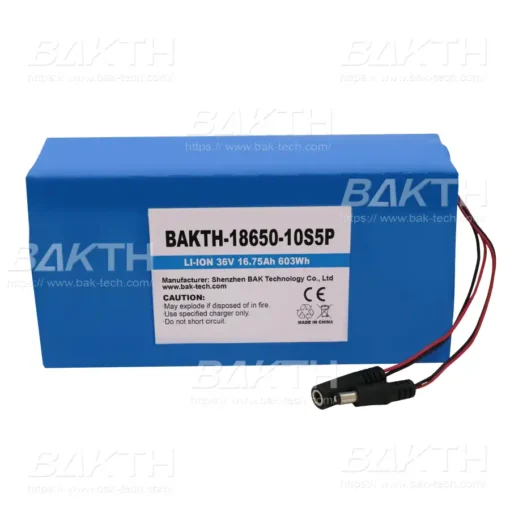 BAKTH-18650-10S5P 36 V 16.75 Ah 603 Wh Lithium ion Battery pack by BAK Technologies, has a DC plug and BMS with balanced charging. Suitable for different portable devices