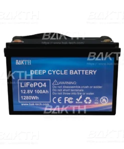 High-capacity BAKTH-LiFePO4 12.8V 100Ah, 1280Wh battery pack. Durable, efficient, and perfect for various applications needing reliable power.