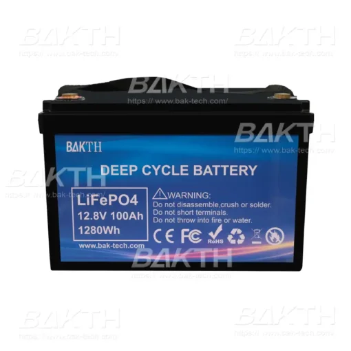 High-capacity BAKTH-LiFePO4 12.8V 100Ah, 1280Wh battery pack. Durable, efficient, and perfect for various applications needing reliable power.