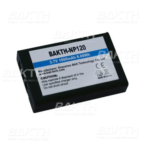 BAKTH NP-120 is a lithium Ion Battery prismatic shape cell 3.7 V 1800 mAh 6.66 Wh. We designed it for digital cameras. Can be used for other portable devices.