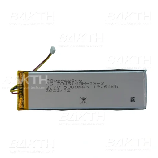 BAKTH-PS-7045145H-1S-3 3.7 V 5300 mAh 19.61 Wh is a Lithium ion polymer battery pack by BAK Technologies. For devices of consumer and medical application.