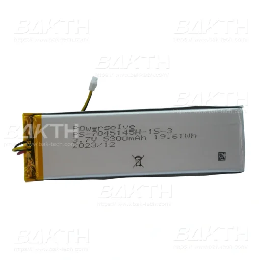 BAKTH-PS-7045145H-1S-3 3.7 V 5300 mAh 19.61 Wh is a Lithium ion polymer battery pack by BAK Technologies. For devices of consumer and medical application.